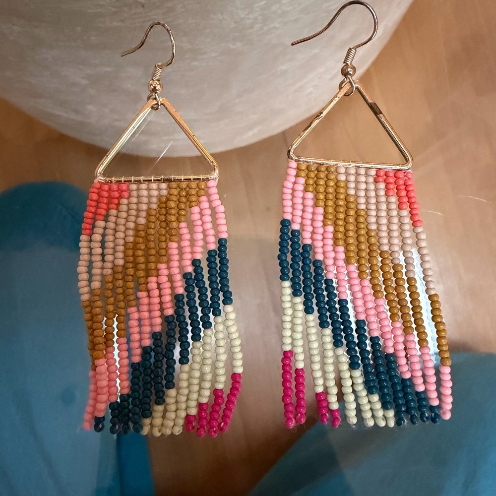 Boho Beaded Fringe Earrings in Pink, Teal, Gold & Cream